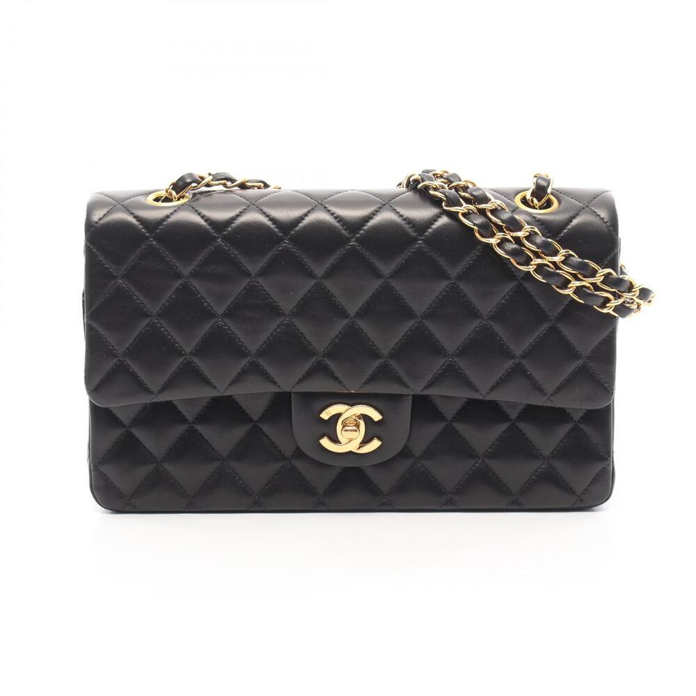 Chanel Matelasse Double Flap Shoulder Bag Lambskin Sheepskin Black